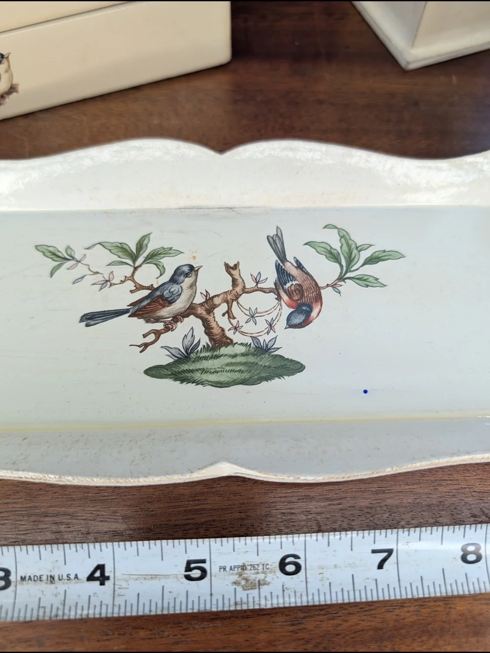 Vintage Italian Lacquered Wood 3-Piece Vanity Dresser Set Decoupage Bird Design
